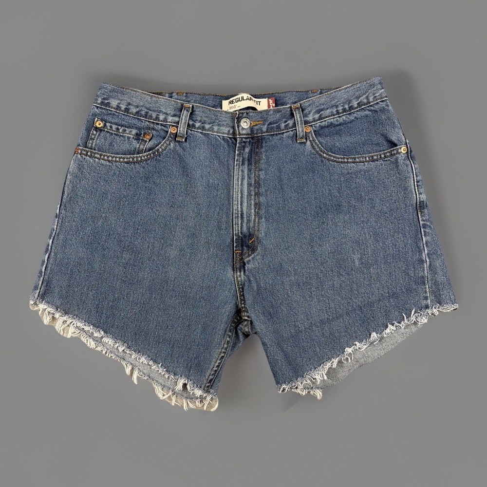 Levi's 505 Cutoff Denim Shorts Mens 38 Blue Regular Fit Raw Hem Medium Wash‎